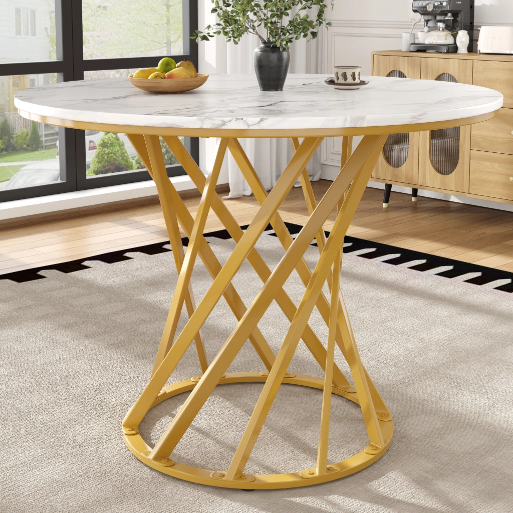 Tavolo da pranzo rotondo con gambe in metallo e piedini regolabili; in MDF e metallo; 80 x 80 x 76 cm; Bianco e Oro