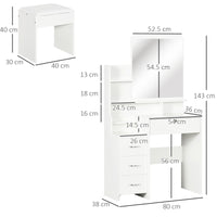 Toeletta da Trucco con Specchio Tavolocon Sgabello 4 Cassetti e 4 Ripiani in Legno e Vetro Bianco