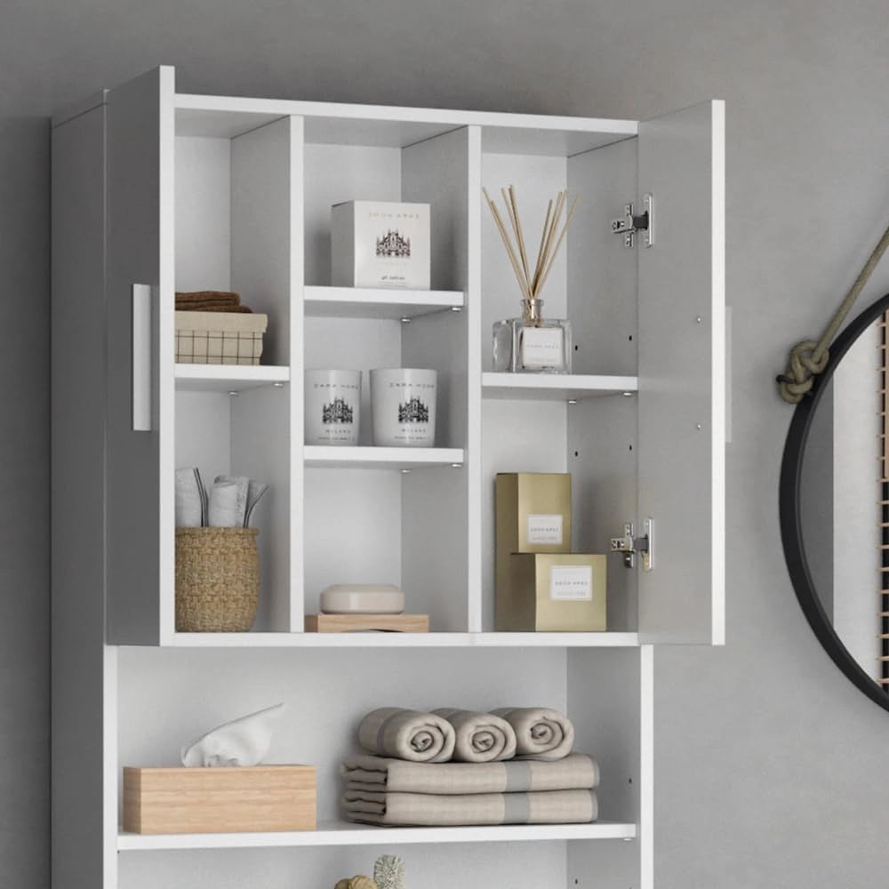 Mobile per lavatrice Luis, Bianco, 64 x 190 cm, per la conservazione di detersivi e accessori da bagno
