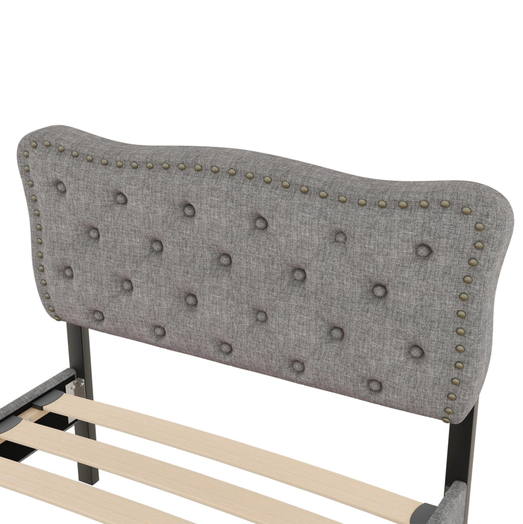 Letto imbottito 90x200 cm; cassetti; testiera regolabile; MDF e lino; grigio