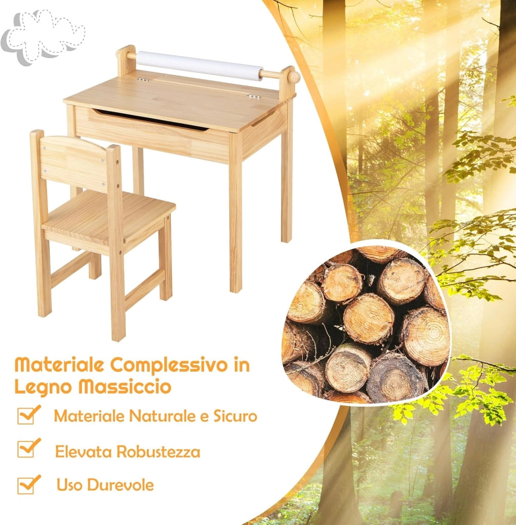 Set Tavolo e Sedia d’Arte per Bambini 3+ Anni, Scrivania in Legno di Pino da Disegno con Portarotolo, Piano Ribaltabile & Vano Portaoggetti, Rotolo di Carta (10m) e 2 Pennarelli (Naturale)
