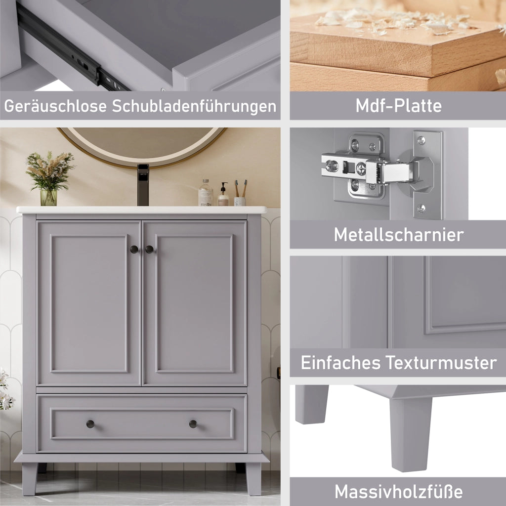 Armadietto da bagno con lavabo in ceramica, 2 ante e 1 cassetto, per bagno, in MDF e ceramica, grigio, 76 × 46 × 87 cm