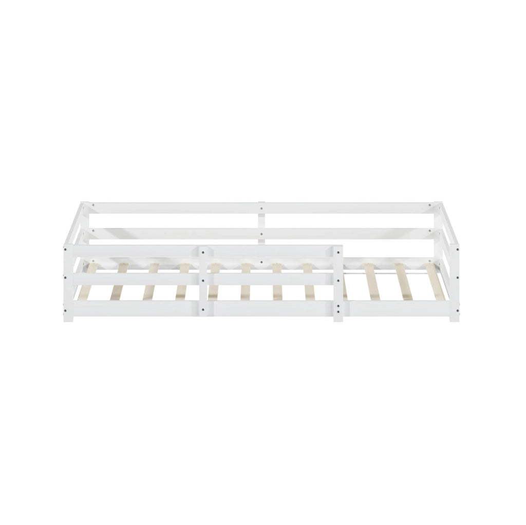 Letto Montessori 90x200 cm con barriera di protezione e rete a doghe in legno di pino bianco