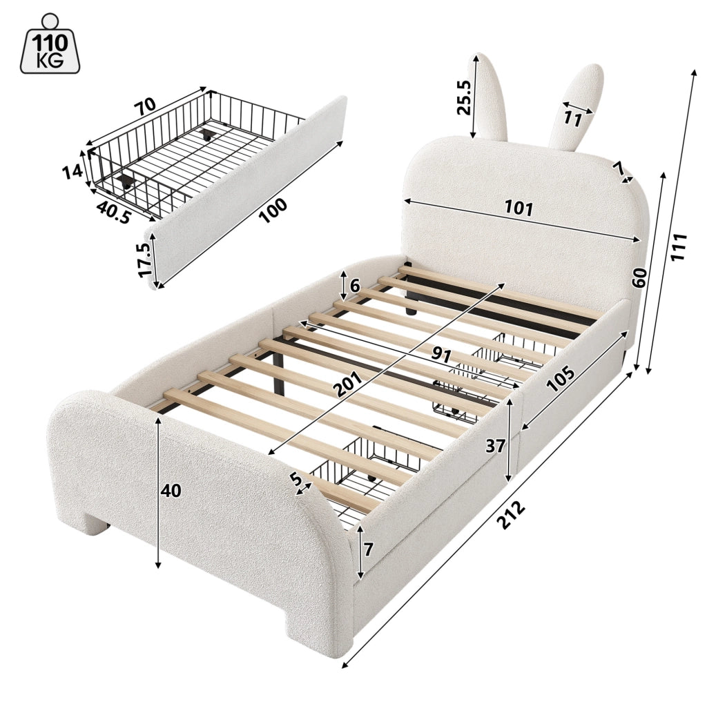 Letto singolo per bambini con coniglio e 2 cassetti 90x200 cm