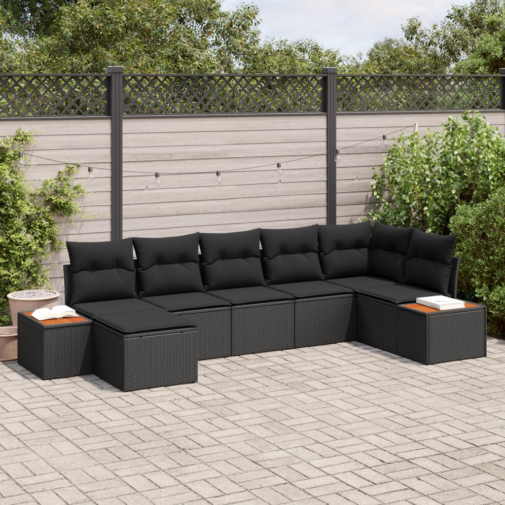Set di Divano da Giardino 7 Pezzi con Cuscini Nero Polyrattan Acacia