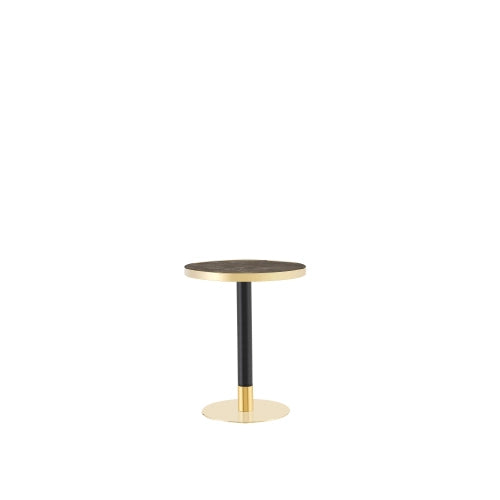Tavolino rotondo con piano effetto marmo 60 cm; bordo oro; MDF e metallo grigio