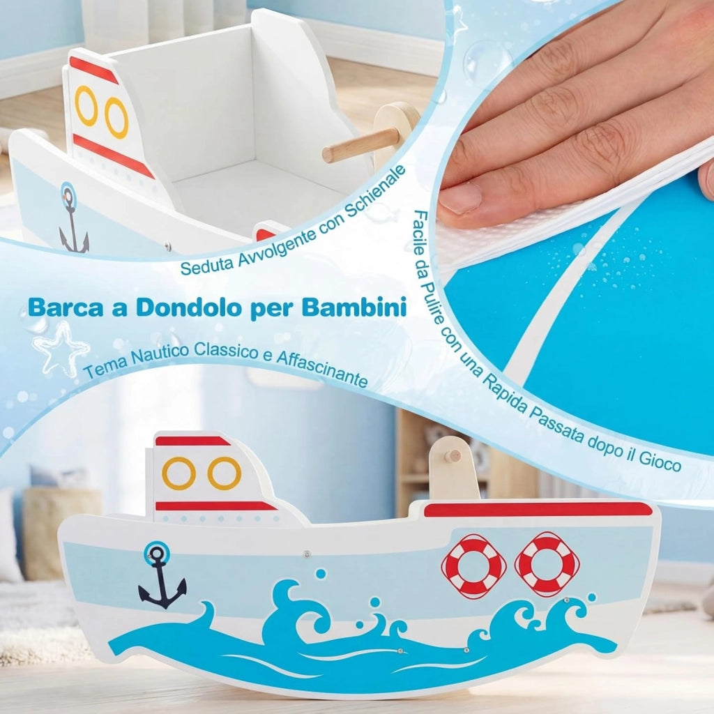 Cavallo a Dondolo per Bambini, Nave a Dondolo in Legno a Tema Nautico, Manici in Legno, Carico 50 kg, per Bambini 1-5 Anni
