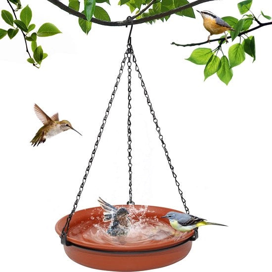 Vogelbad appeso, alloggio per uccelli da appendere, alloggio per uccelli, vasca per uccelli, vasca per acqua, vasca per uccelli invernale, area per uccelli all'aperto (marrone)