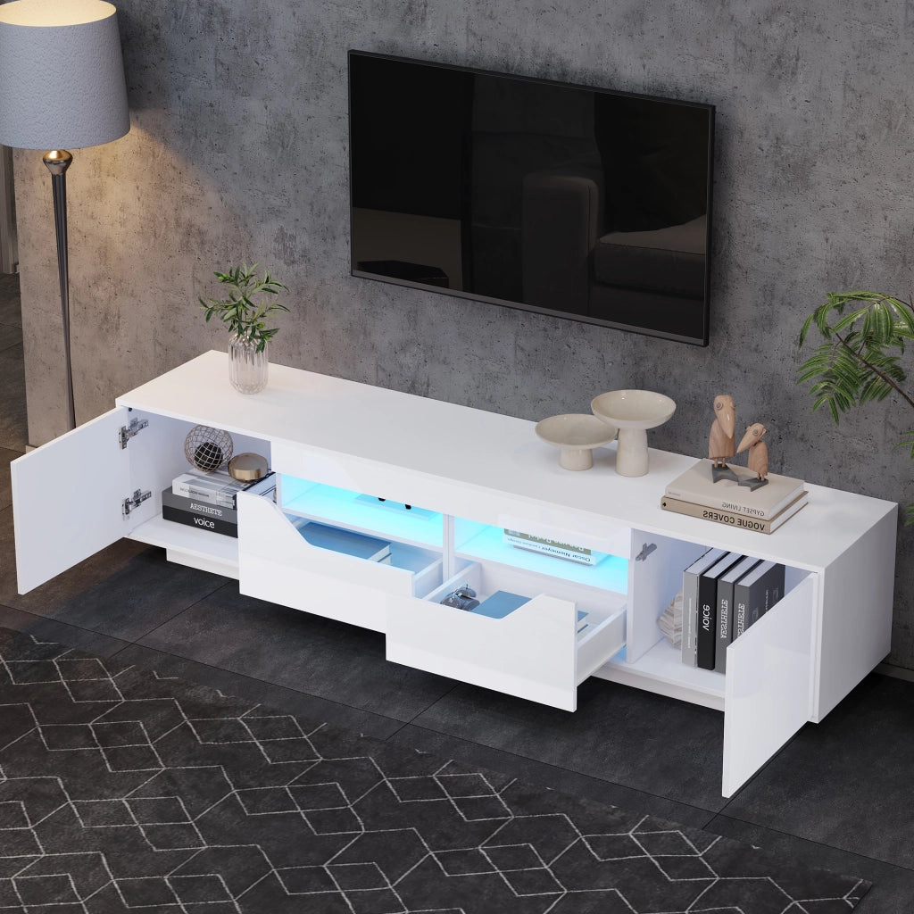 Mobile porta TV con 2 cassetti, 2 vani aperti e 2 ante, LED, legno truciolare bianco 180 × 40 × 45 cm
