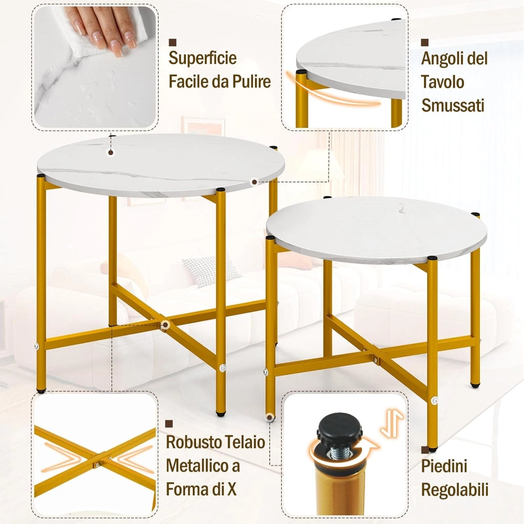 Set di Tavolini da Caffè Rotondi da 2 Pezzi, Tavolini Impilabili con Struttura in Metallo Robusta e Piedini, Ideale per Soggiorno, Ufficio e Balcone
