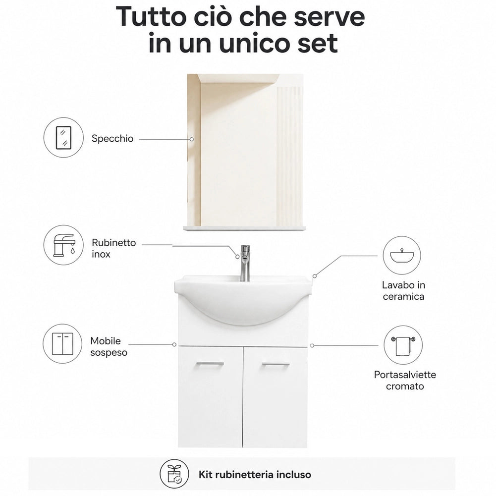 Mobile da Bagno Sospeso Completo Bianco Larghezza 55 cm Specchio e Rubinetteria