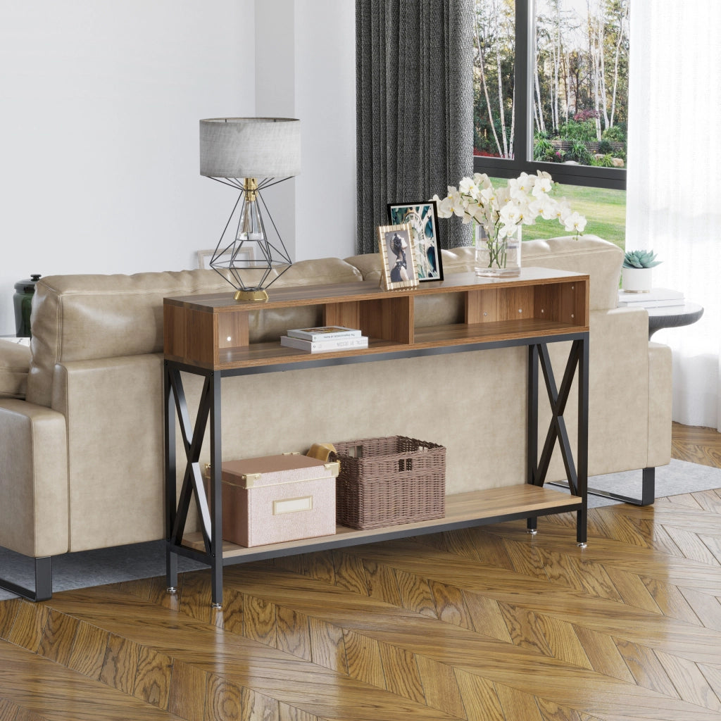 Tavolo consolle ingresso industriale con ripiani ¨C zephmum ¨C legno noce 120x23.5x75 cm
