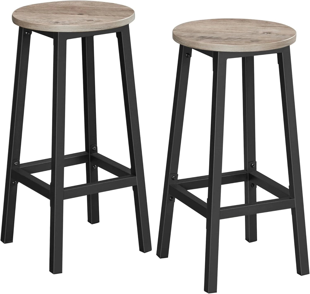 VASAGLE Set di 2 Sgabelli da Bar, Sedie da Cucina, Struttura in Metallo, Montaggio Facile, Alto 65 cm, con Poggiapiedi, per Cucina, Soggiorno, Sala da Pranzo, Greige Melange e Nero LBC032B02