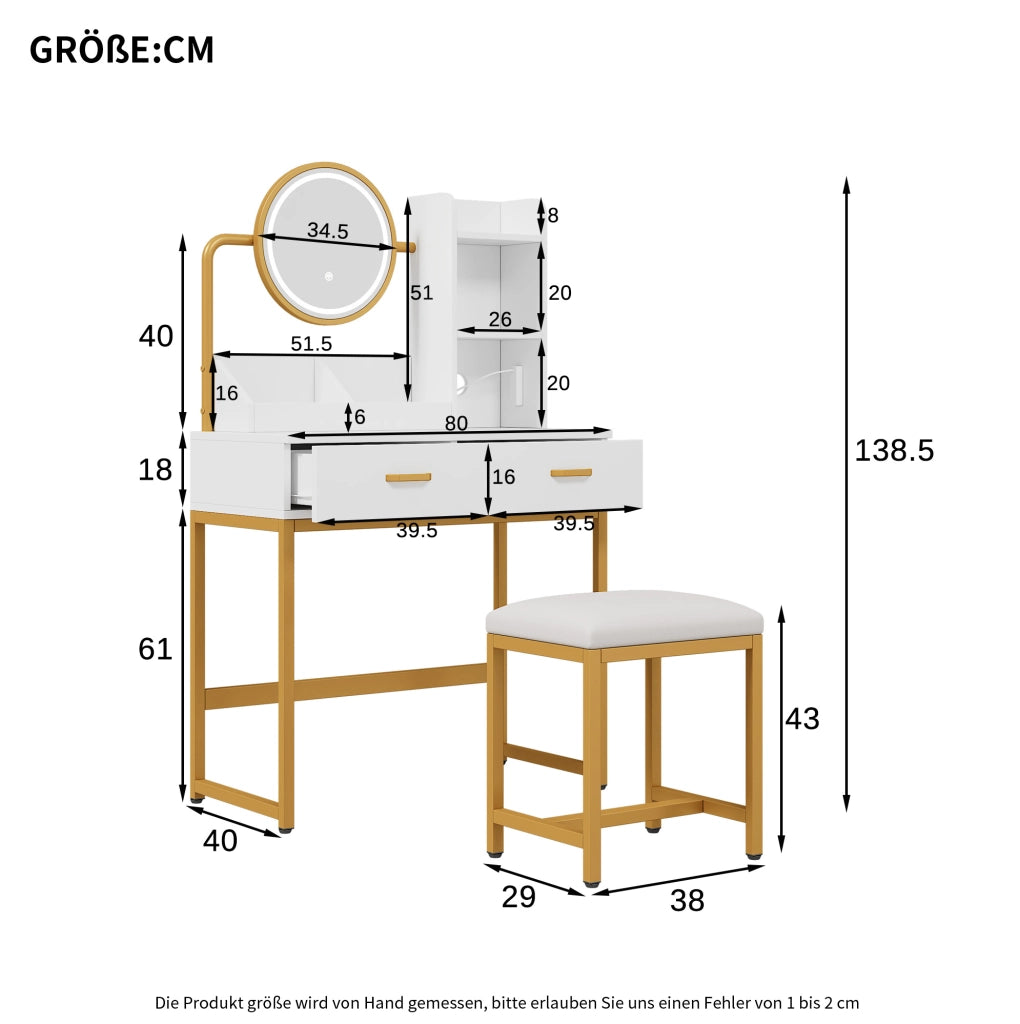 Toeletta con specchio LED; prese e USB; portaphon; 80 x 40 x 138;5 cm; bianco e oro