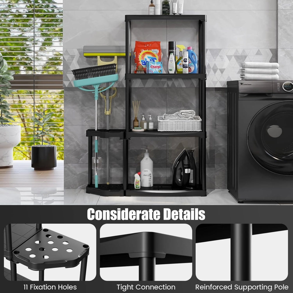 Scaffale a 4 livelli, con organizer per utensili, portaoggetti aperto, supporto con 12 fori, per utensili a manico lungo, nero