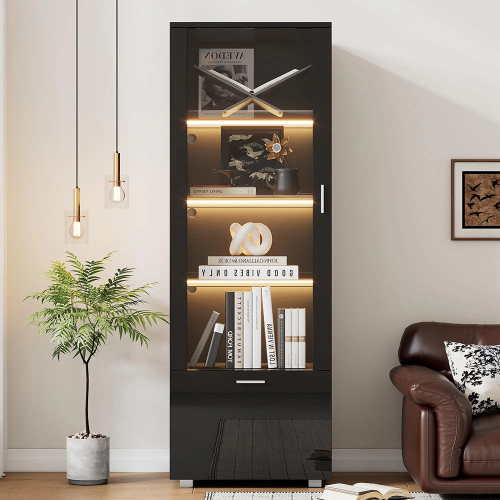 Vetrina collezionismo illuminata LED - Xylo - Porte nere lucide (3 ripiani)