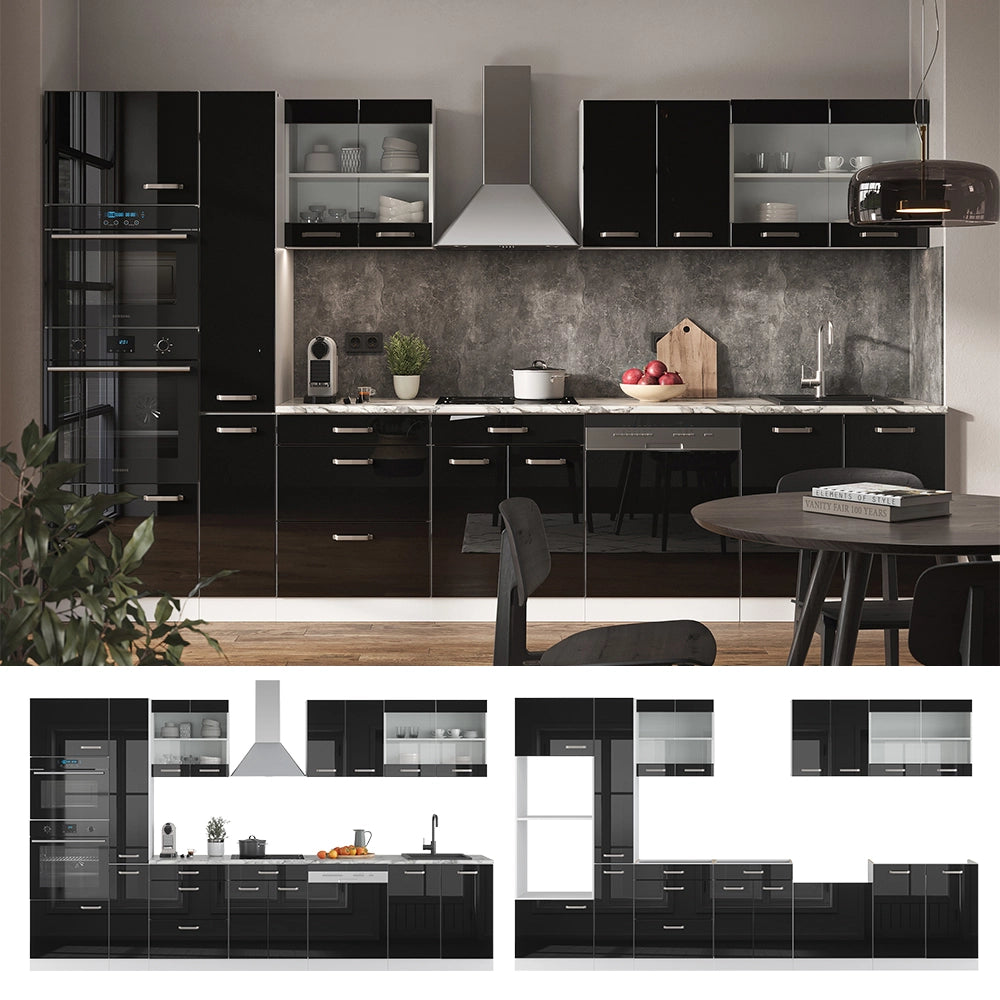 Vicco Cucina componibile Nero lucido/bianco 350 cm con armadio alto, PL Rovere