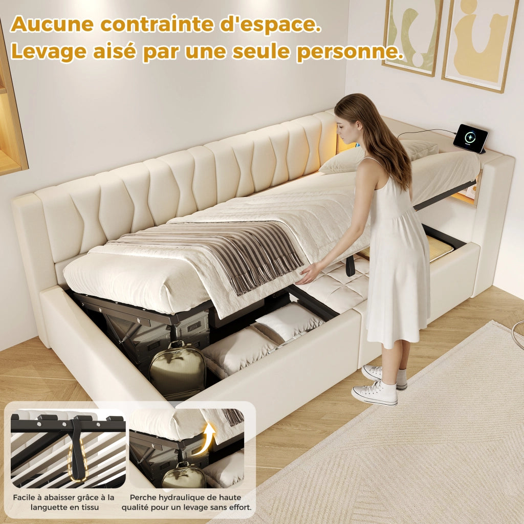 Letto contenitore 90x200 cm con LED dimmerabile; testiera con ripiano e prese USB; beige