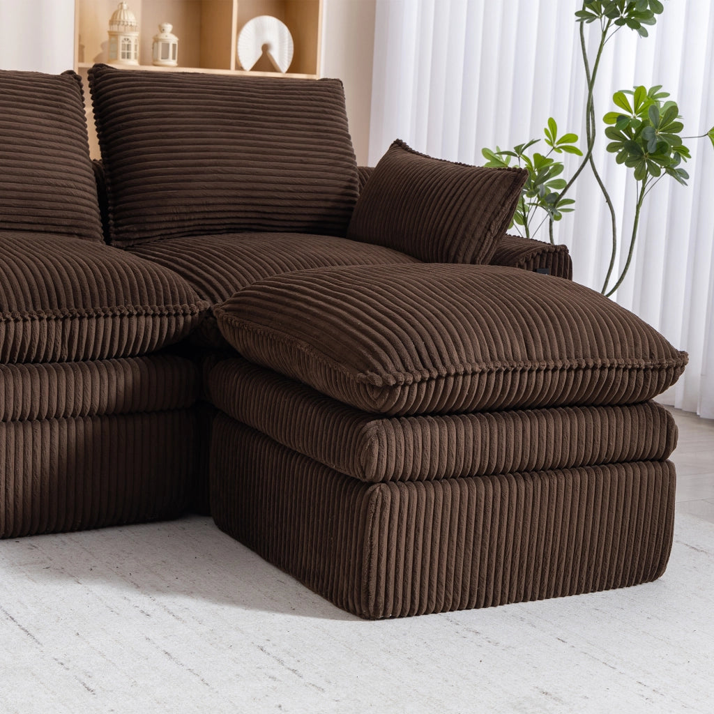 Divano modulare a 4 posti con 2 pouf in corduroy marrone con tasche laterali e cuscini 85 × 335 × 167 cm