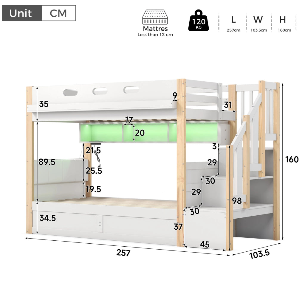 Letto a castello 90x200 cm con contenitore idraulico, LED, USB in pino e MDF bianco