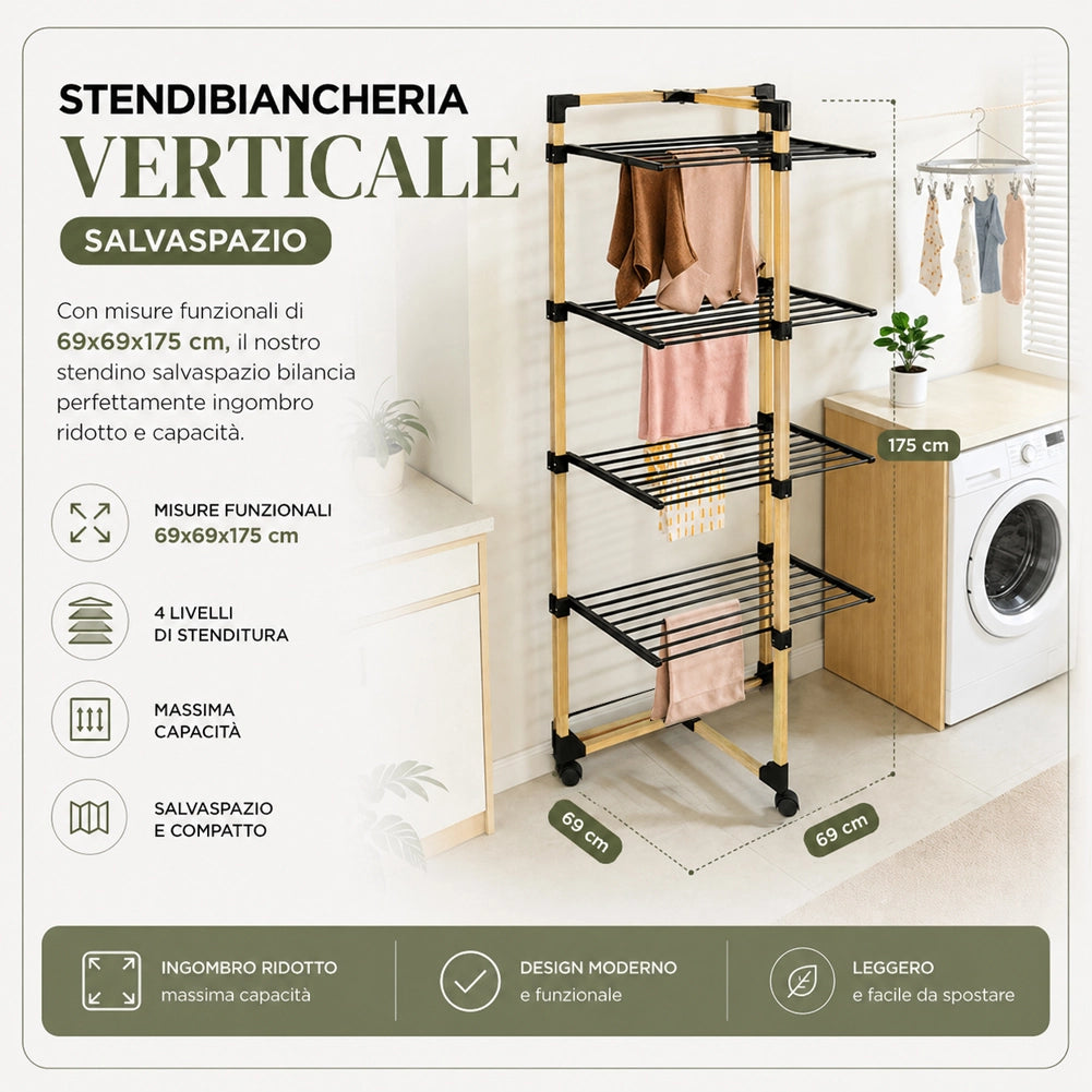 Stendibiancheria a Torre Verticale a 4 Livelli 69x69x175 cm Pieghevole con Ruote Nero e Legno
