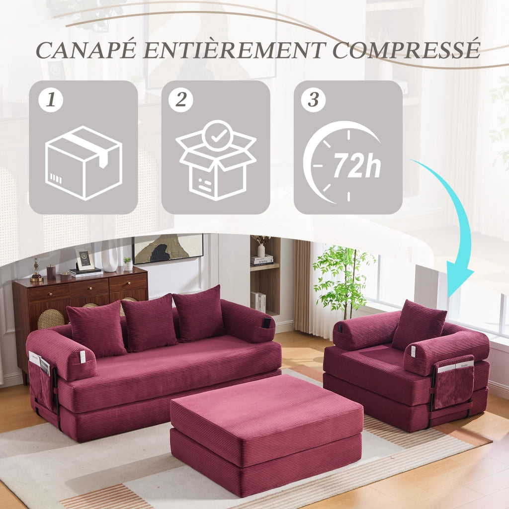 Divano modulare 3 posti - con tasca laterale e cuscini - in corduroy bordeaux