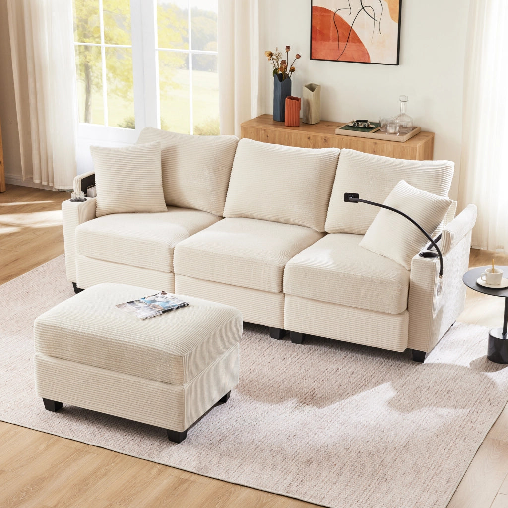 Divano angolare reversibile 3 posti con ricarica USB, ripiano bracciolo, 2 cuscini, velluto a coste Beige