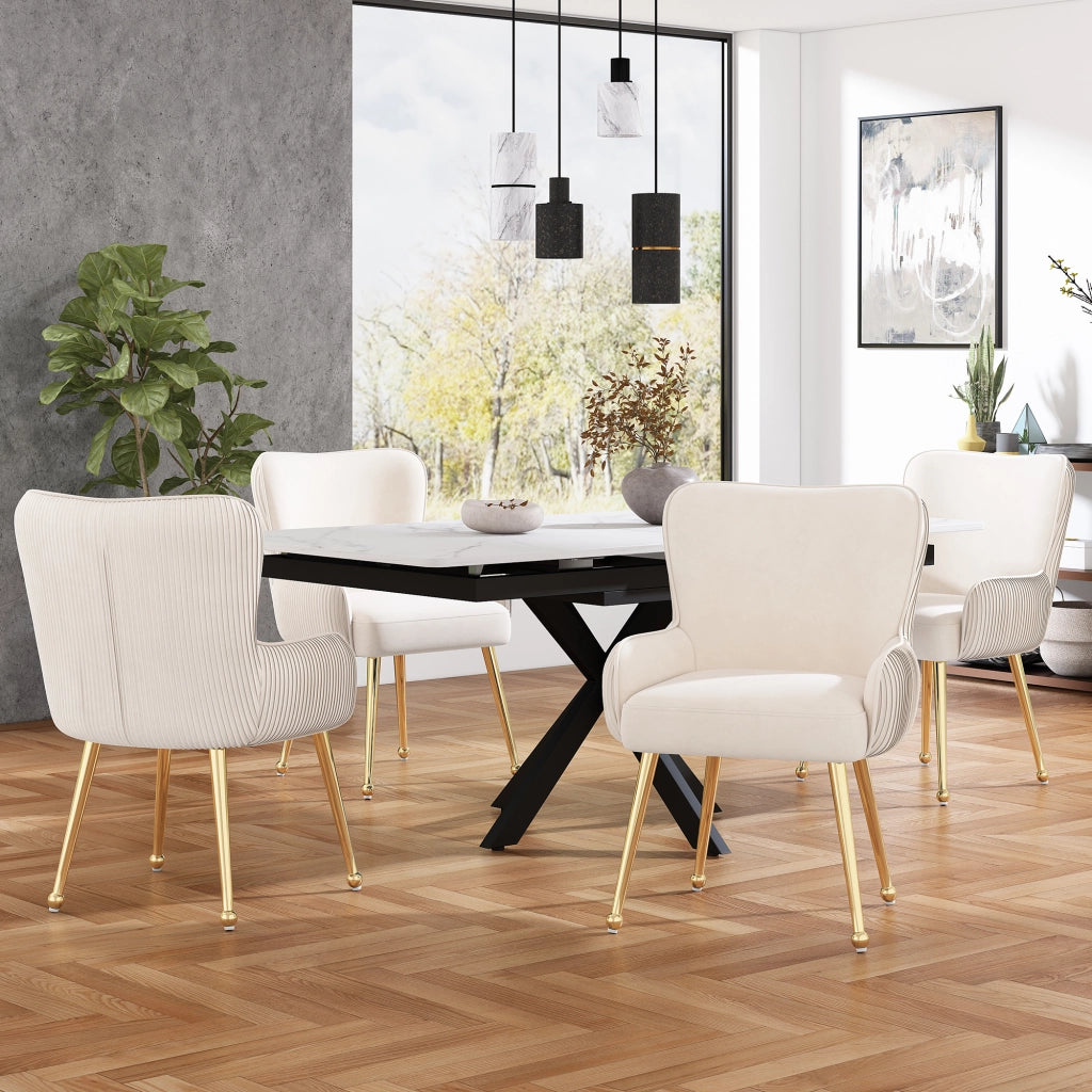 Sedia da pranzo in velluto con braccioli e supporto lombare set da 6 con gambe in metallo e piedini regolabili beige e oro