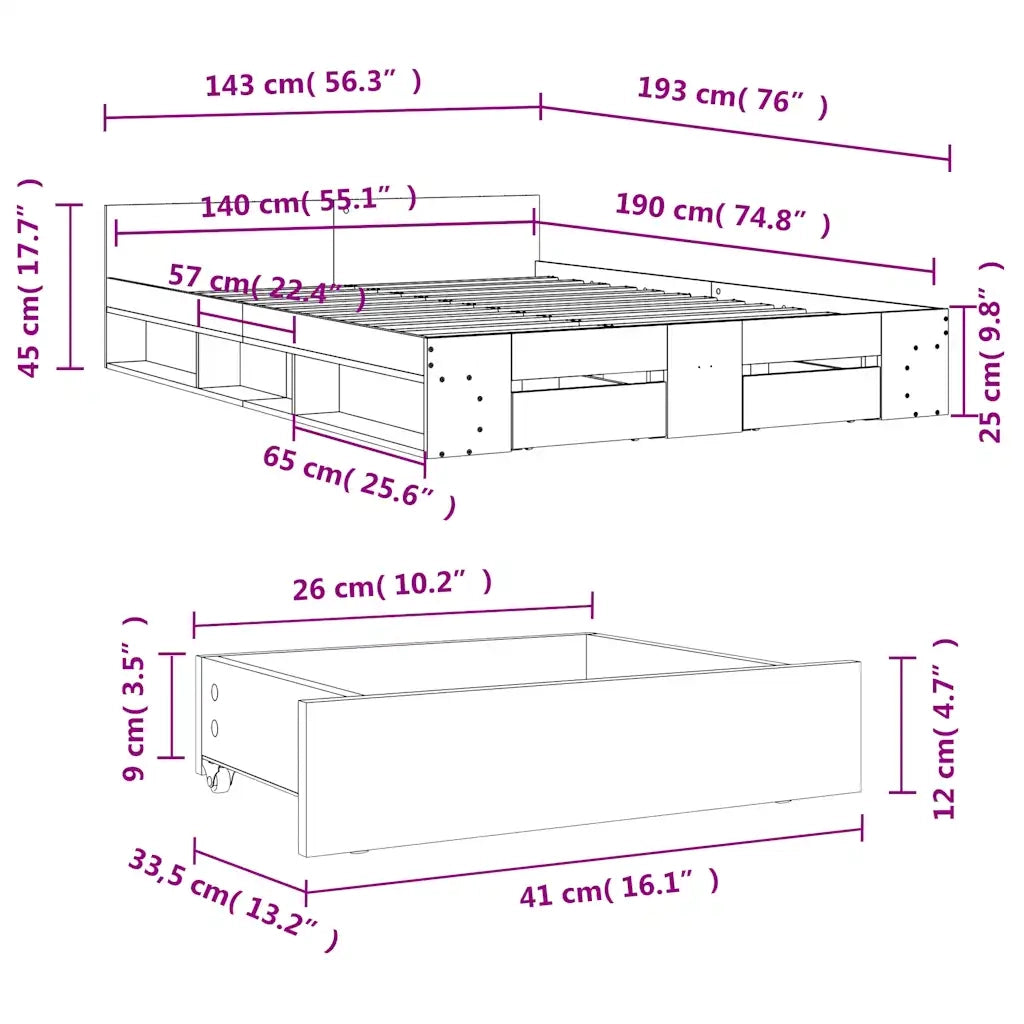 Giroletto con Cassetti Rovere Fumo 140x190 cm Legno Multistrato