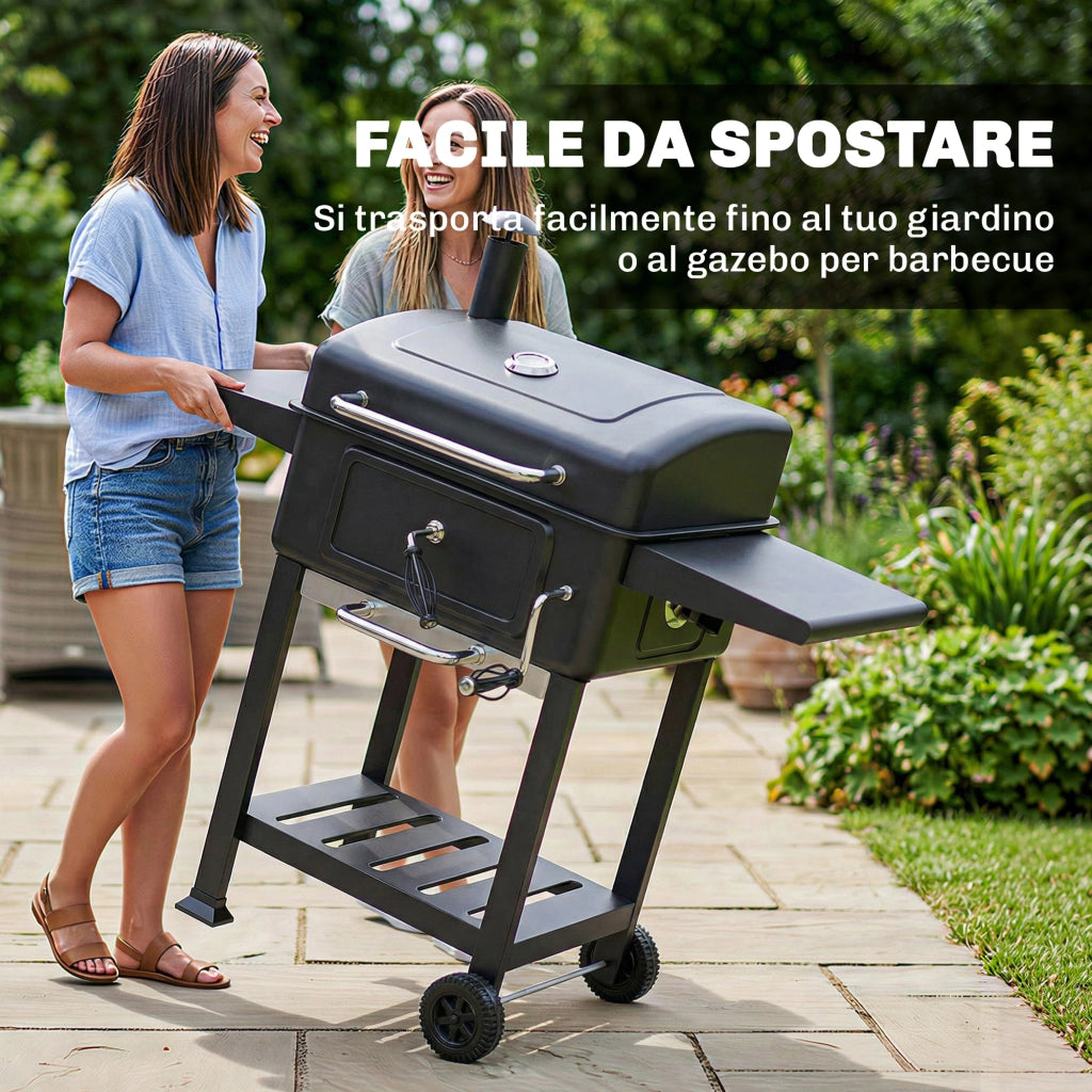 Barbecue a Carbone 112x65x115 cm Griglia Smoker con Ruote in Metallo e Acciaio Nero
