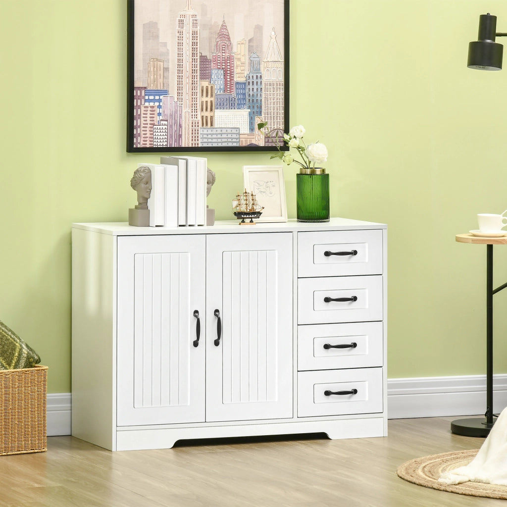 Credenza bianca con 4 cassetti, ripiano regolabile e dispositivo antiribaltamento, 105x40x76 cm