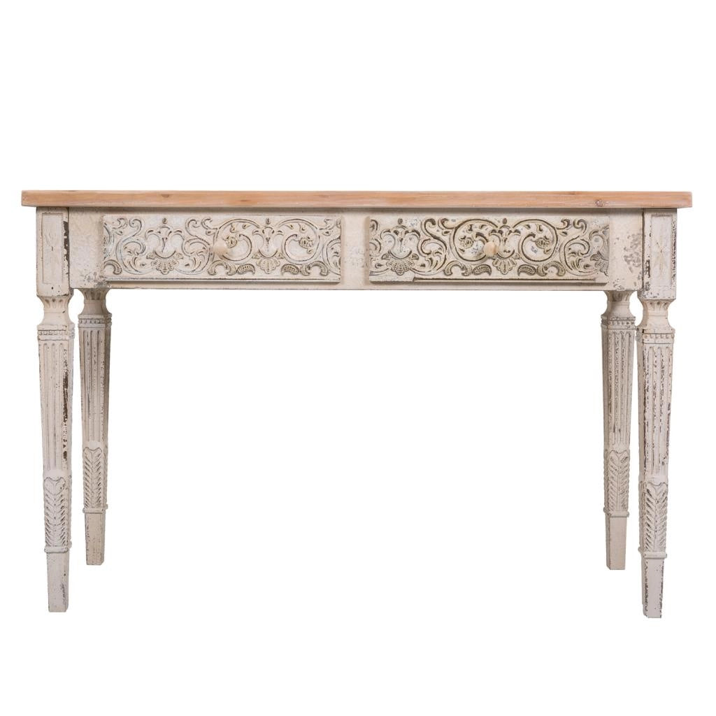 Mueble de entrada in legno bianco invecchiato e naturale con 2 cassetti 120x40x78h cm