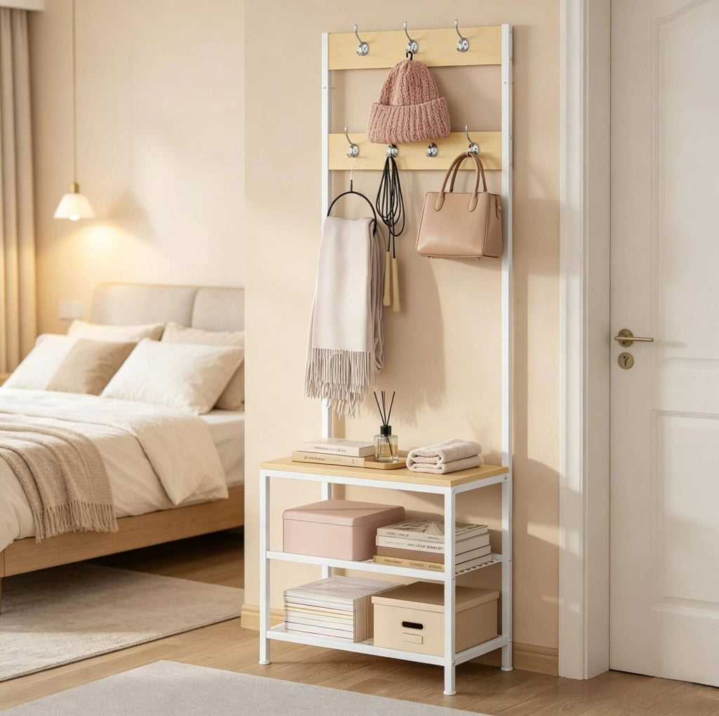 Appendiabiti da ingresso 3 in 1 con scarpiera e panca; 60 x 31;5 x 170 cm; bianco; metallo e legno