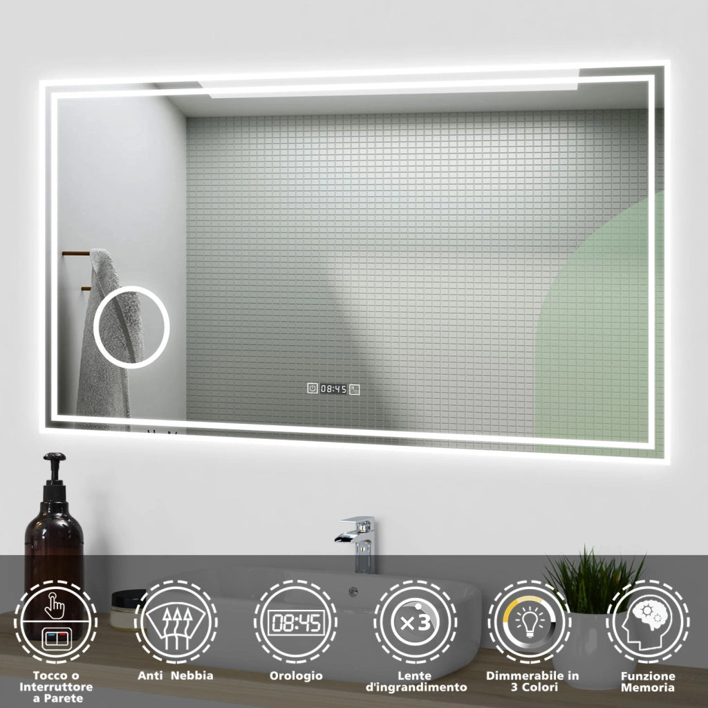 Specchio da bagno a LED, 120x70cm, orologio, Lente d'ingrandimento