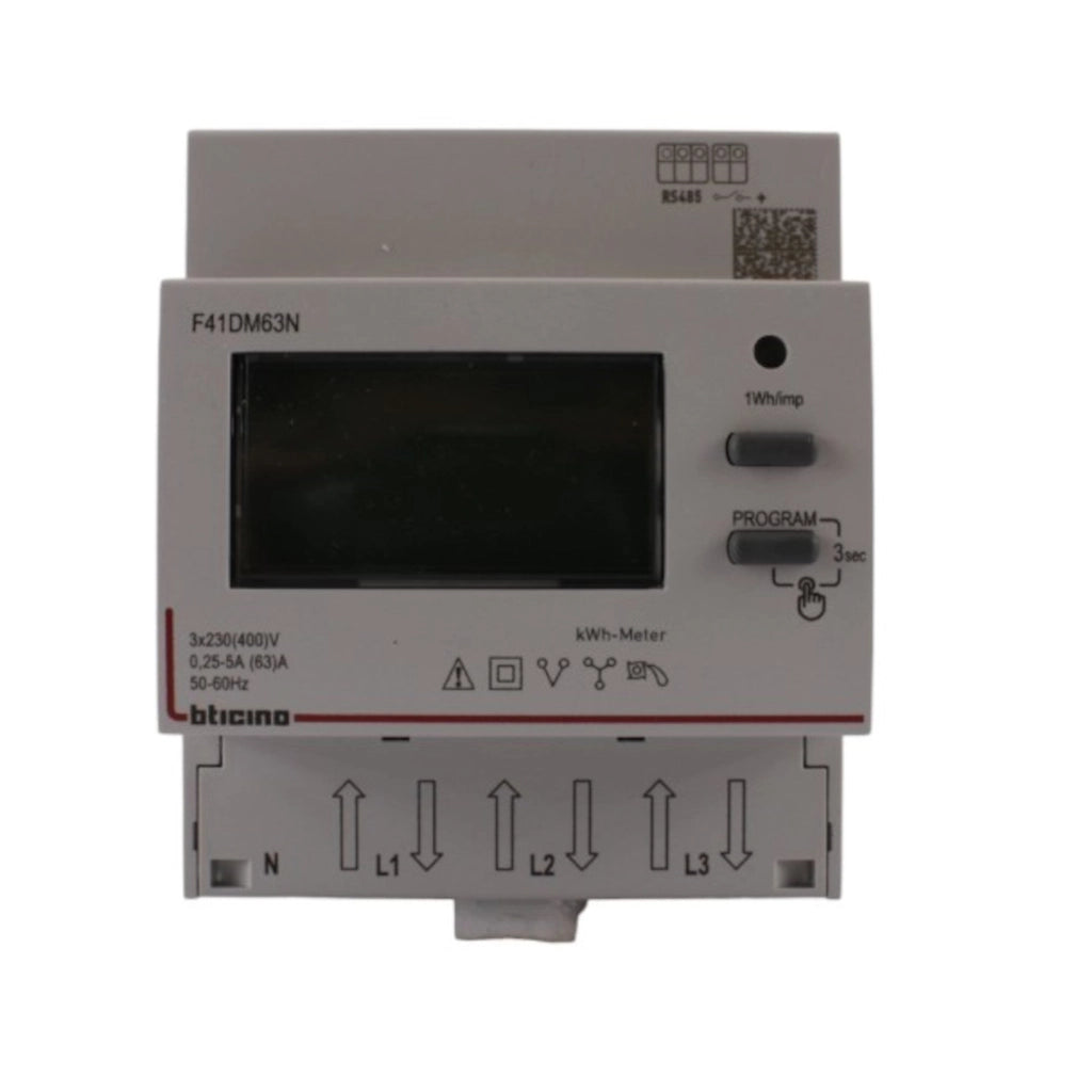 Contatore trifase per collegamento diretto uscita RS485 63A 4 moduli 230VAC Bticino
