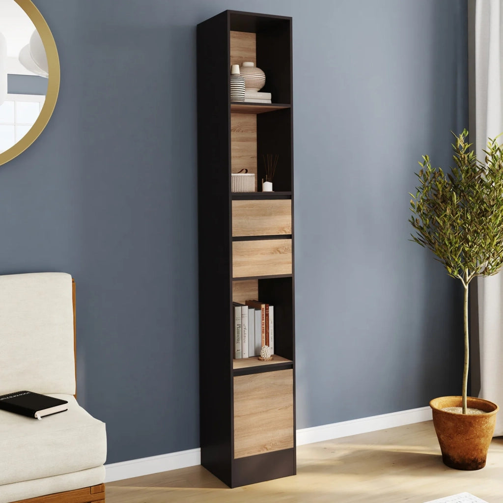 IDMarket - Libreria CARLA 3 livelli 2 cassetti 1 armadio effetto legno e nero H.190 cm
