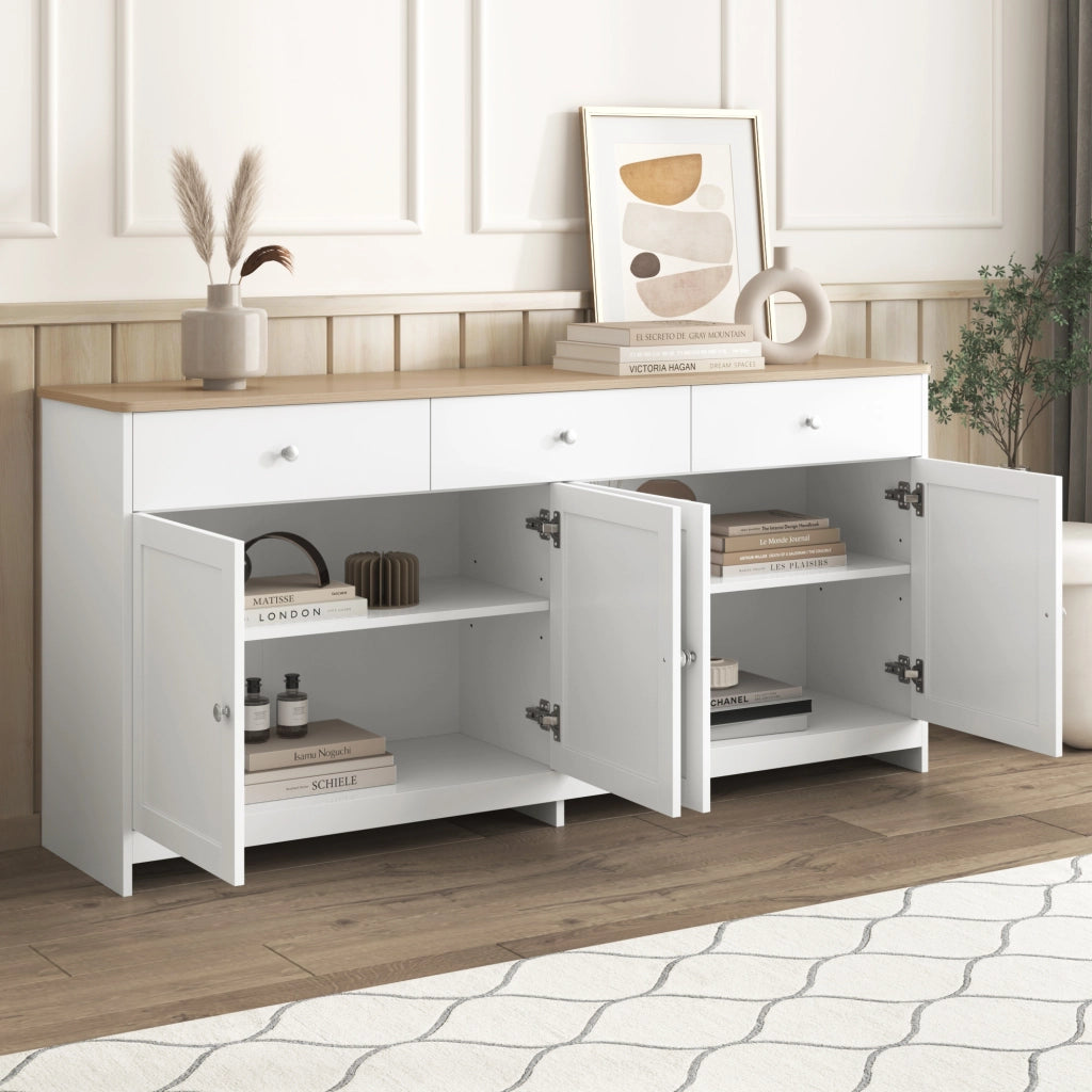 Credenza con 4 Ante e 3 Cassetti; Ripiani Regolabili; Stile Country; in MDF; Bianco; 160??37??75 cm