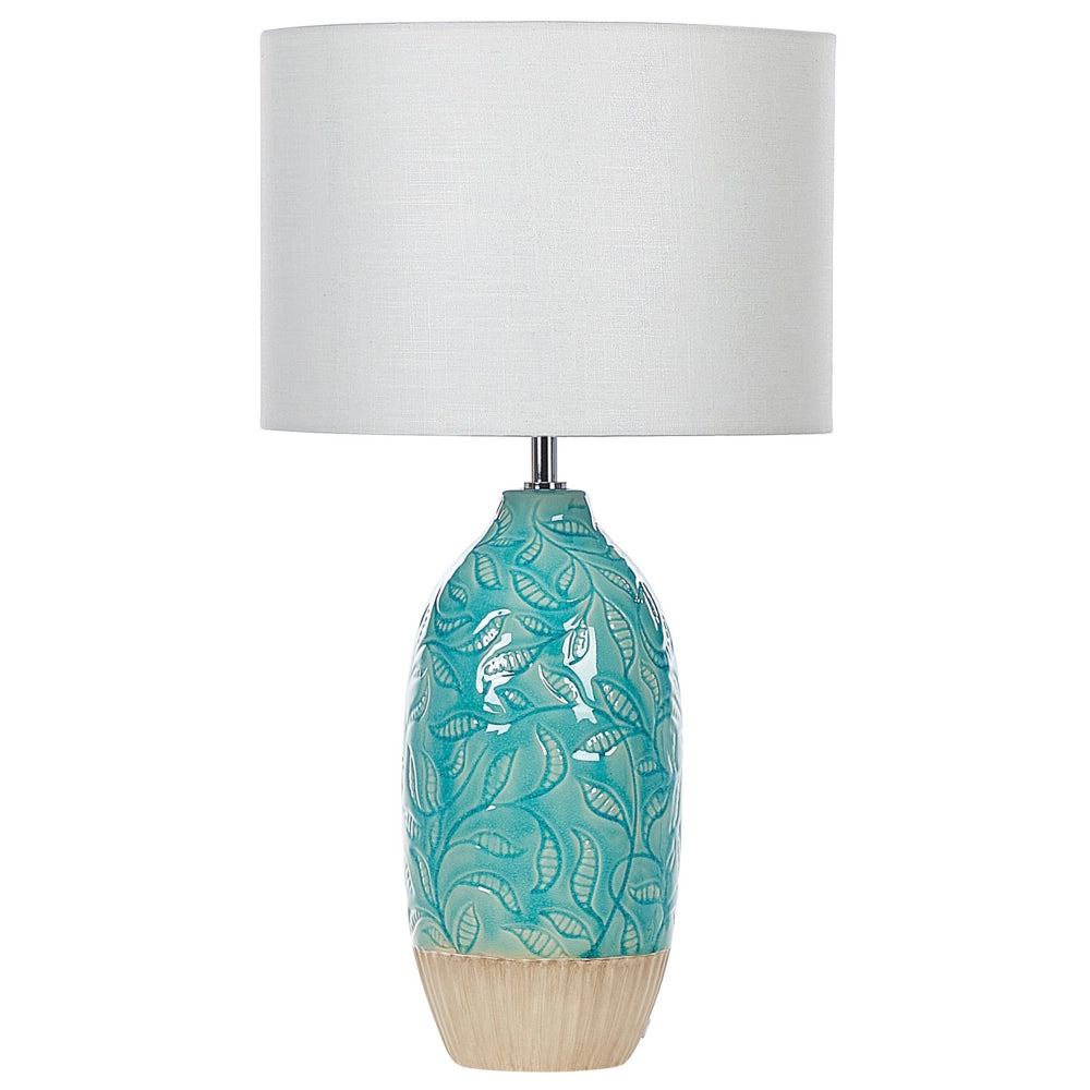 Lampada da Tavolo Turchese Ceramica Base Decorata Paralume in Tessuto Bianco Boho Rustic Design Home Illuminazione