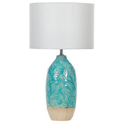 Lampada da Tavolo Turchese Ceramica Base Decorata Paralume in Tessuto Bianco Boho Rustic Design Home Illuminazione