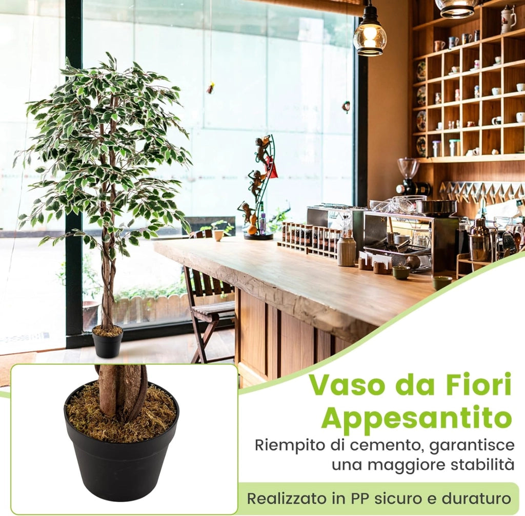 Albero di Fico Artificiale 160 CM, Pianta Finta da Interno con 1008 Foglie, Tronco Naturale in Legno, Vaso Robusto, Muschio Secco, Albero Finto per Casa, Ufficio, Soggiorno, Portico