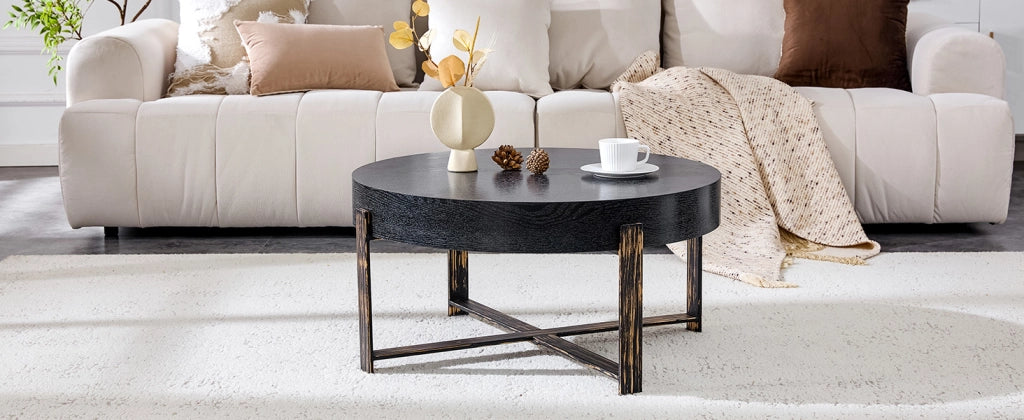 TAVOLO DA SALOTTO ROTONDO 68 cm MDF Nero e Metallo Bronzo Antico