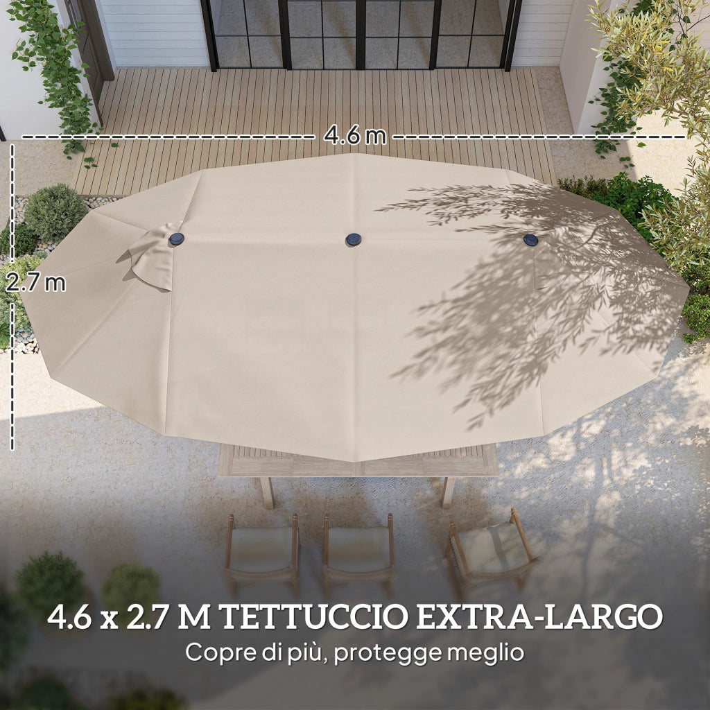 Ombrellone da Giardino Doppio a 12 Stecche con Base a Croce e Apertura a Manovella, Ombrellone da Terrazzo con Sacchi di Sabbia, in Acciaio e Poliestere, 455x265x238 cm, Cachi