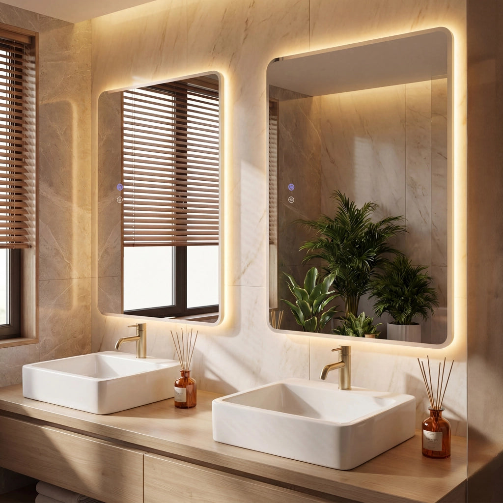 Specchio bagno led vetro temperato anti-esplosione parete 3 colori antiappannamento, Specchio trucco retroilluminato dimmerabile lavabo 80 x 60 cm