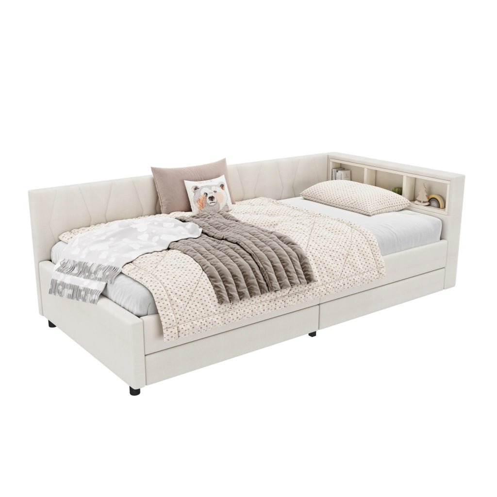 Letto daybed 90 x 200 cm in lino con LED, USB e cassetti