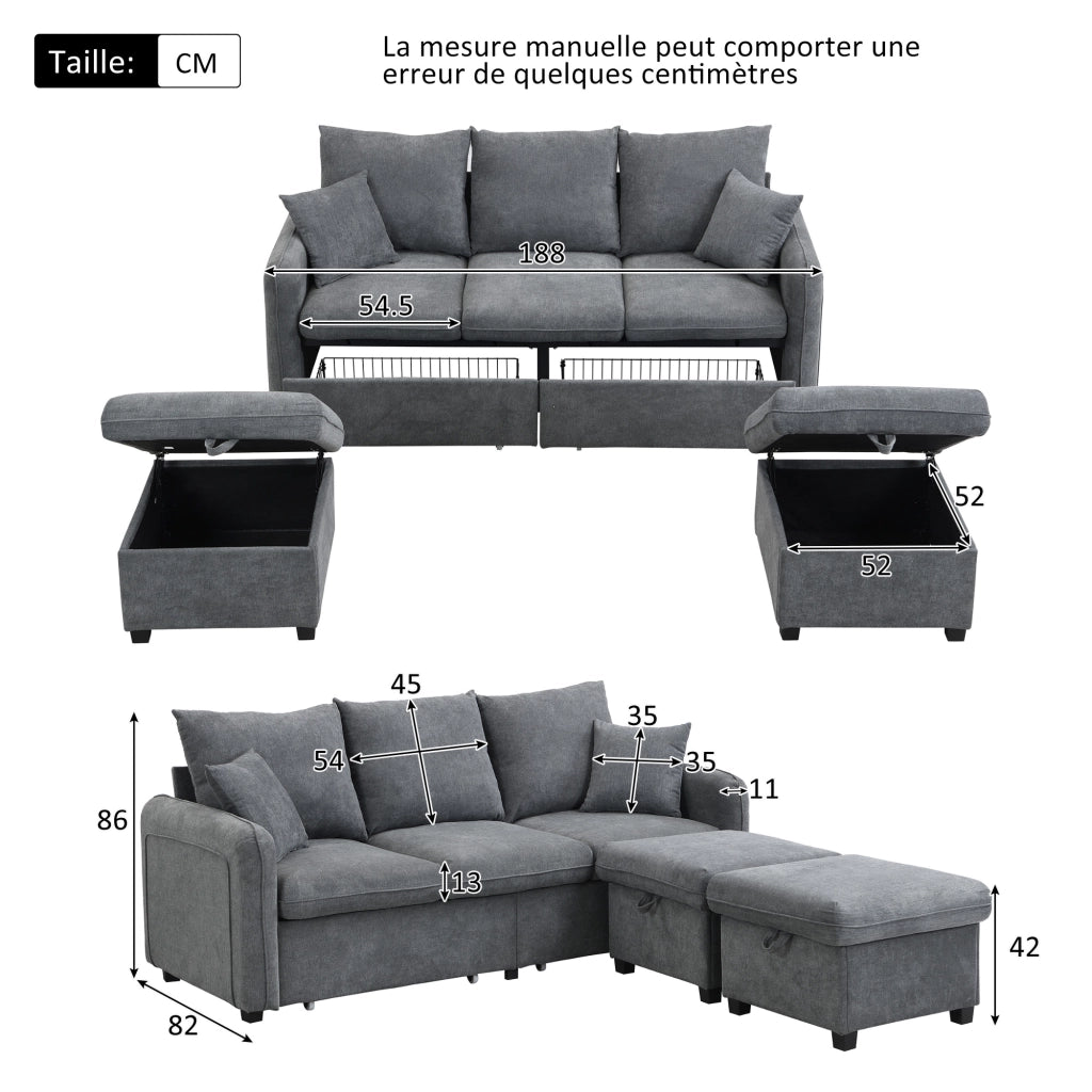 DIVANO ANGOLARE U-Forma 188x186x86 cm Grigio Scuro Set con 2 pouf