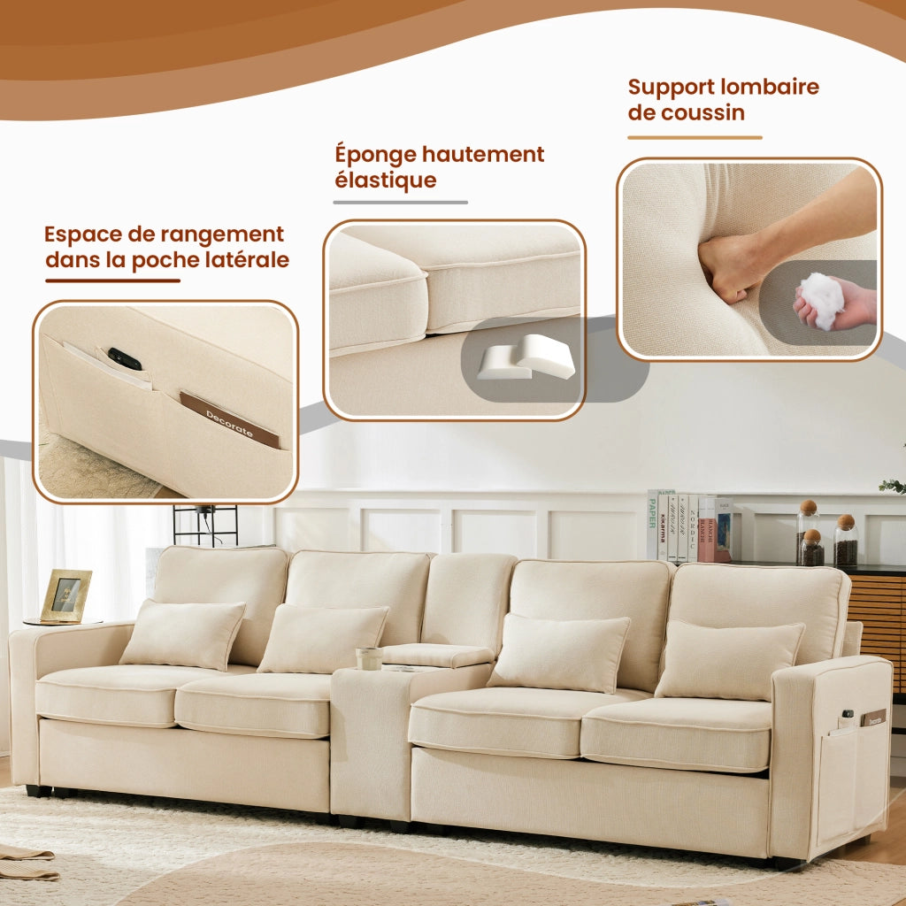 Divano Dritto 4 Posti con Consolle; 2 Portabicchieri e 2 Porte USB; Cuscini di Supporto; in Lino Beige