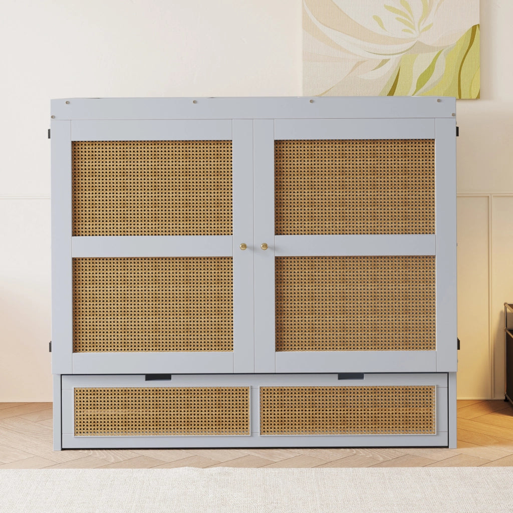 Letto a scomparsa 140x200 cm con design effetto rattan e vani contenitore