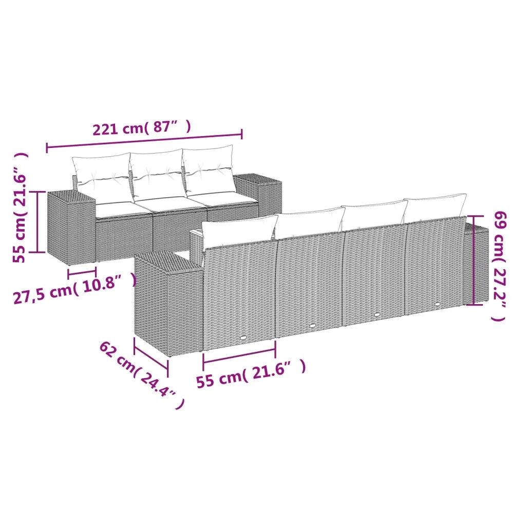 Set Divano da Giardino 8 pz con Cuscini Grigio in Polyrattan
