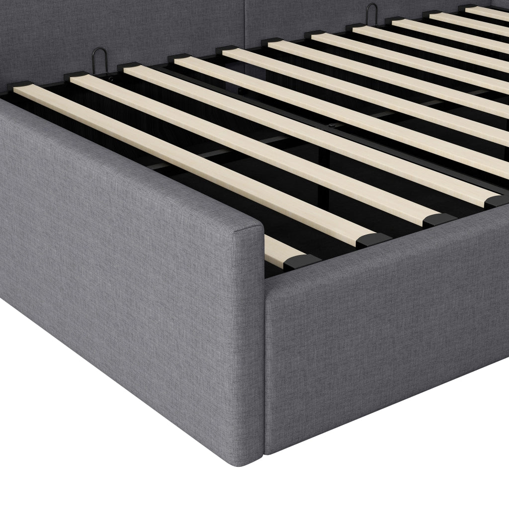 OKWISH Letto Divano 140×200 cm, Letto Matrimoniale con Vano Contenitore, Schienale e Braccioli, senza Materasso, in Tessuto Grigio