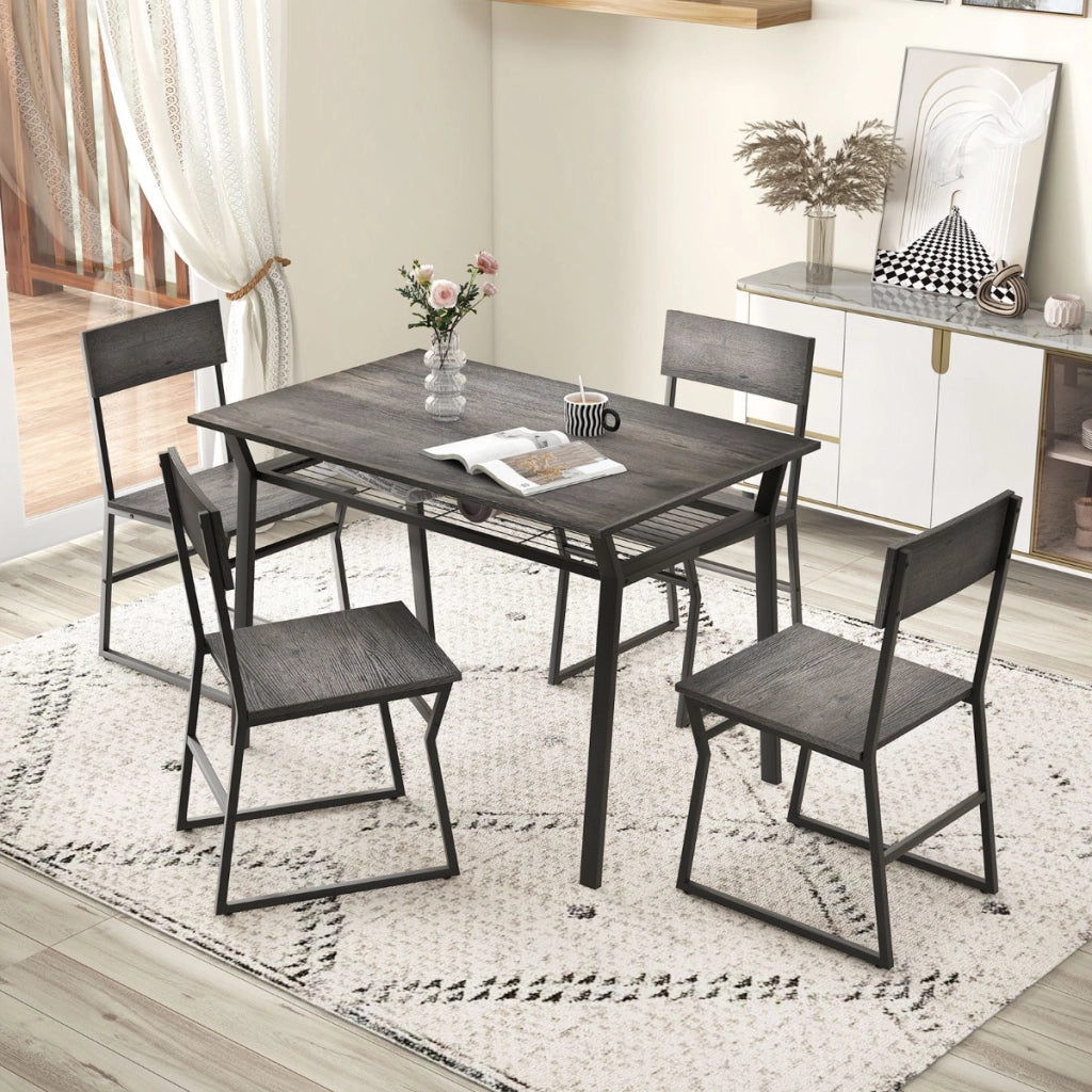 Set da tavolo da pranzo 5 pezzi, Tavolo da cucina con 4 sedie mensola portaoggetti e telaio in metallo Grigio-Tavoli e sedie da pranzo